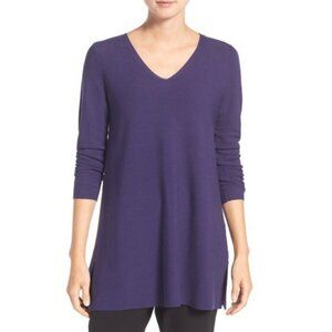 Eileen Fisher Organic Cotton V Neck Long Sleeve Sweater Sz L Purple Minimalist